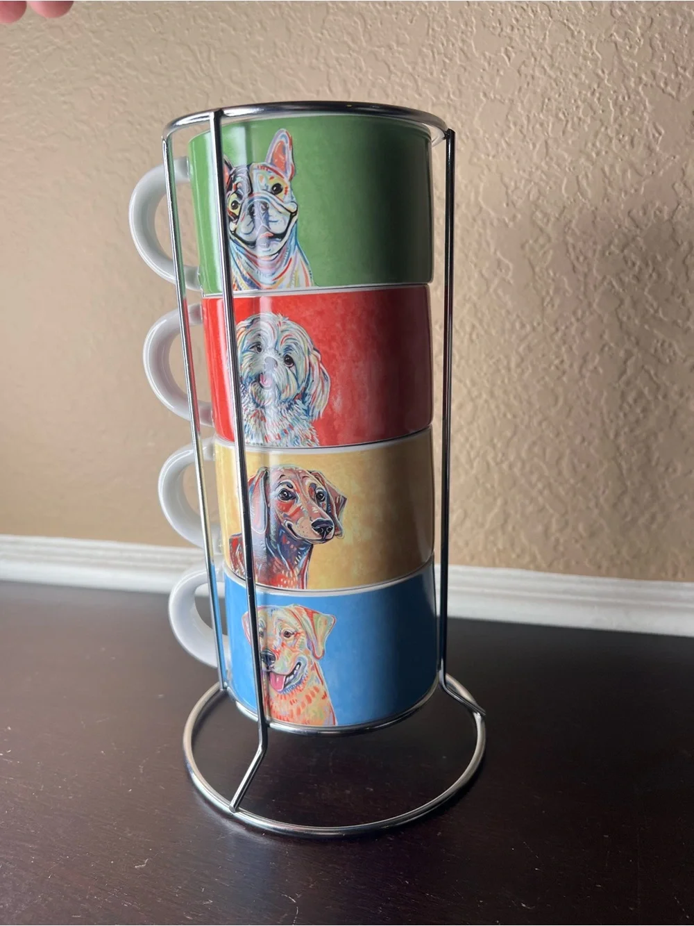 Vintage 2000s Pier 1 Dog Mug Set w Stand 4 Stoneware Cups